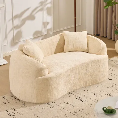 Canapé 2 Places - Design Arrondi - Accoudoirs - Assise Moelleuse - Coussins - Tissu Chenille - Beige