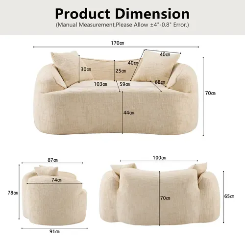 Canapé 2 Places - Design Arrondi - Accoudoirs - Assise Moelleuse - Coussins - Tissu Chenille - Beige