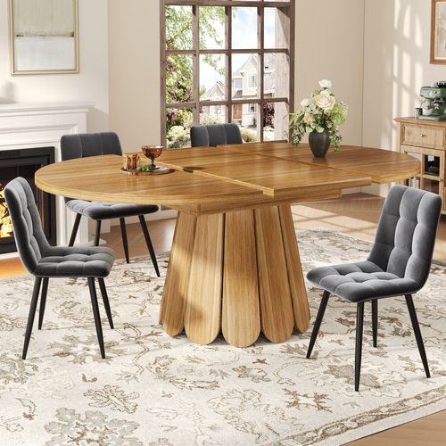 Table à Manger Ronde Extensible En Ovale - Allonge - Plateau Mdf - Pieds Métal - Brun