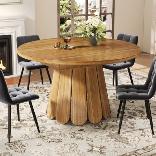 Table à Manger Ronde Extensible En Ovale - Allonge - Plateau Mdf - Pieds Métal - Brun