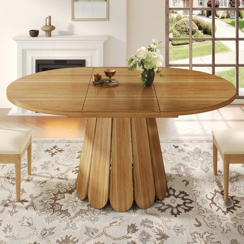 Table à Manger Ronde Extensible En Ovale - Allonge - Plateau Mdf - Pieds Métal - Brun