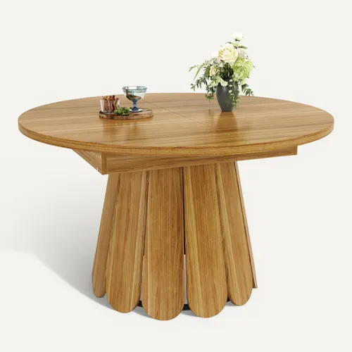 Table à Manger Ronde Extensible En Ovale - Allonge - Plateau Mdf - Pieds Métal - Brun
