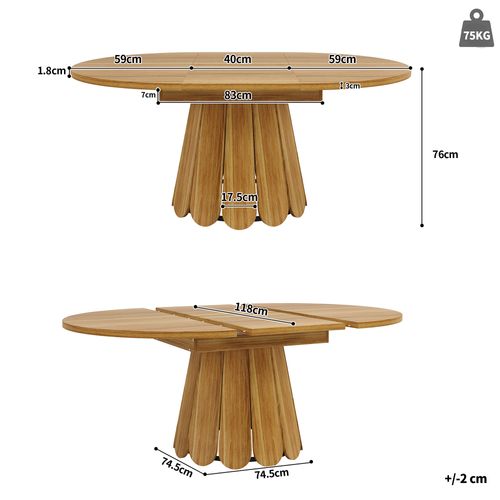 Table à Manger Ronde Extensible En Ovale - Allonge - Plateau Mdf - Pieds Métal - Brun