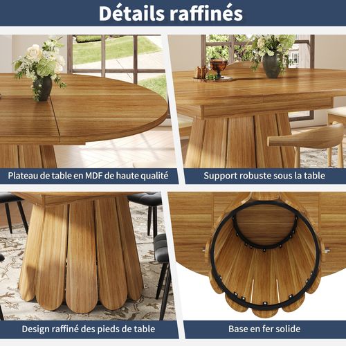 Table à Manger Ronde Extensible En Ovale - Allonge - Plateau Mdf - Pieds Métal - Brun