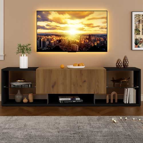Meuble TV - 2 Tiroirs - Étagères En Verre - LED - Panneaux De Particules - Noir + Naturel