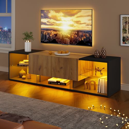 Meuble TV - 2 Tiroirs - Étagères En Verre - LED - Panneaux De Particules - Noir + Naturel