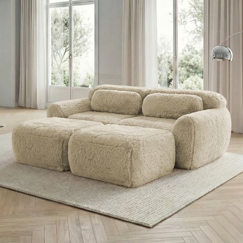 Canapé Compressé - Modulable - 2 Places Avec Pouf - Installation Rapide - Coussins - Peluche -kaki