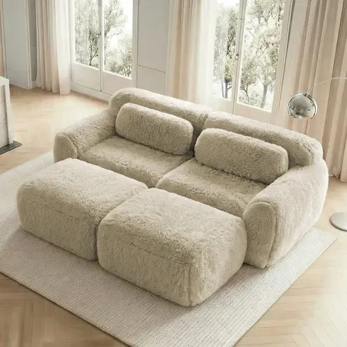Canapé Compressé - Modulable - 2 Places Avec Pouf - Installation Rapide - Coussins - Peluche -kaki