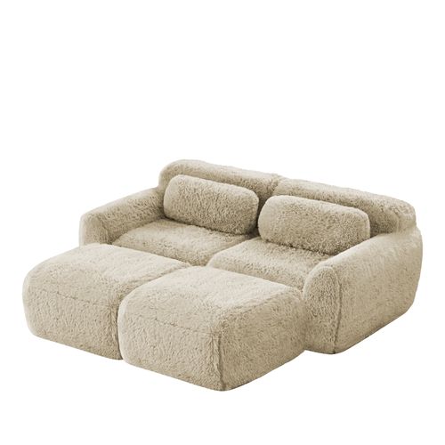 Canapé Compressé - Modulable - 2 Places Avec Pouf - Installation Rapide - Coussins - Peluche -kaki