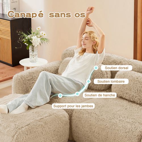 Canapé Compressé - Modulable - 2 Places Avec Pouf - Installation Rapide - Coussins - Peluche -kaki