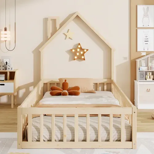 Lit Enfant 90x200 - Lit Cabane Enfant - Sommier à Lattes Inclus - Cheminée Décorative -mdf Naturel