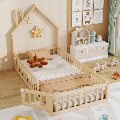 Lit Enfant 90x200 - Lit Cabane Enfant - Sommier à Lattes Inclus - Cheminée Décorative -mdf Naturel
