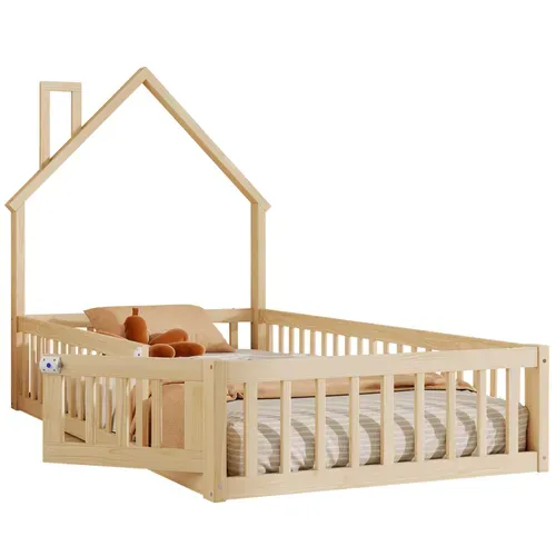 Lit Enfant 90x200 - Lit Cabane Enfant - Sommier à Lattes Inclus - Cheminée Décorative -mdf Naturel