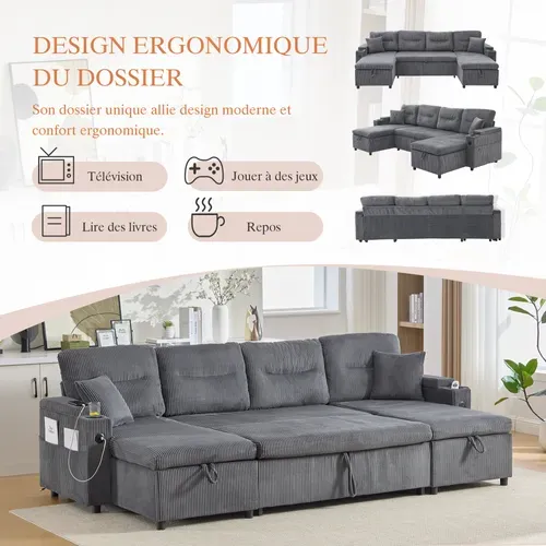 Canapé Angle Convertible En U 4 Places Avec Rangement Et USB, Coussins, Gris Carbone