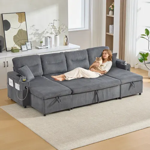 Canapé Angle Convertible En U 4 Places Avec Rangement Et USB, Coussins, Gris Carbone