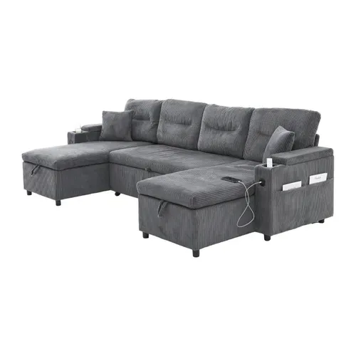 Canapé Angle Convertible En U 4 Places Avec Rangement Et USB, Coussins, Gris Carbone