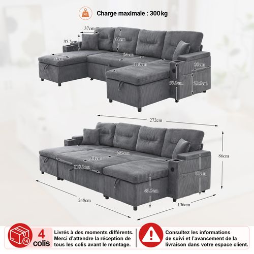 Canapé Angle Convertible En U 4 Places Avec Rangement Et USB, Coussins, Gris Carbone