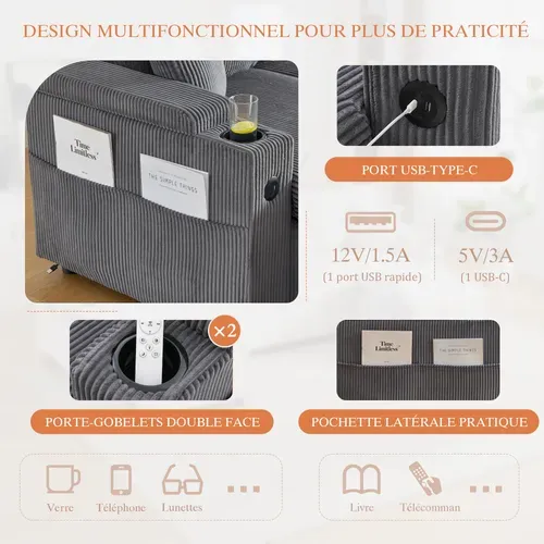 Canapé Angle Convertible En U 4 Places Avec Rangement Et USB, Coussins, Gris Carbone