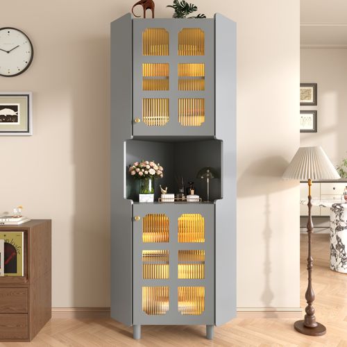 Armoire D'angle - Meuble D'entrée Avec Éclairage LED Et Rangement Pratique - Design Moderne - Gris