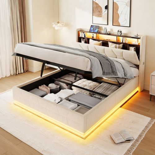 Lit Coffre 160x200 Cm - Lit Double Capitonné - Rangement Et Étagère - LED-USB-c - Beige