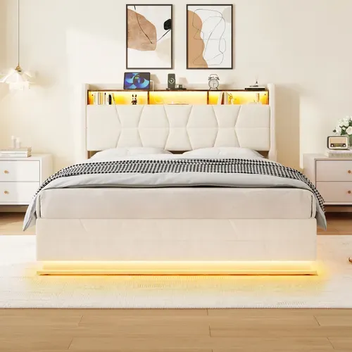 Lit Coffre 160x200 Cm - Lit Double Capitonné - Rangement Et Étagère - LED-USB-c - Beige