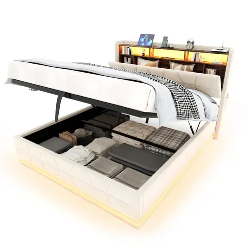 Lit Coffre 160x200 Cm - Lit Double Capitonné - Rangement Et Étagère - LED-USB-c - Beige