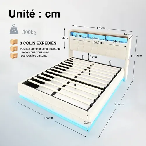 Lit Coffre 160x200 Cm - Lit Double Capitonné - Rangement Et Étagère - LED-USB-c - Beige