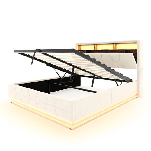Lit Coffre 160x200 Cm - Lit Double Capitonné - Rangement Et Étagère - LED-USB-c - Beige