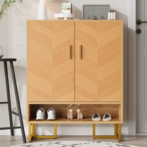 Meuble à Chaussures - Étroit D’entrée Avec Étagères Ouvertes - Pieds Métal Doré - Naturel
