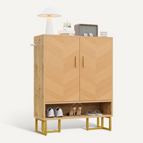 Meuble à Chaussures - Étroit D’entrée Avec Étagères Ouvertes - Pieds Métal Doré - Naturel