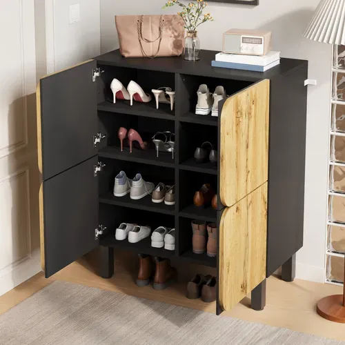 Meuble à Chaussures - Meuble D’entrée Étroit Avec Portes Courbées - Surface Noire Mate -Noir+Naturel