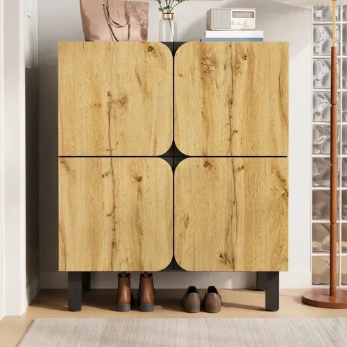 Meuble à Chaussures - Meuble D’entrée Étroit Avec Portes Courbées - Surface Noire Mate -Noir+Naturel