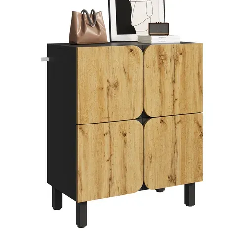Meuble à Chaussures - Meuble D’entrée Étroit Avec Portes Courbées - Surface Noire Mate -Noir+Naturel