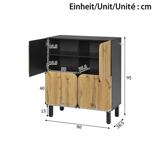 Meuble à Chaussures - Meuble D’entrée Étroit Avec Portes Courbées - Surface Noire Mate -Noir+Naturel