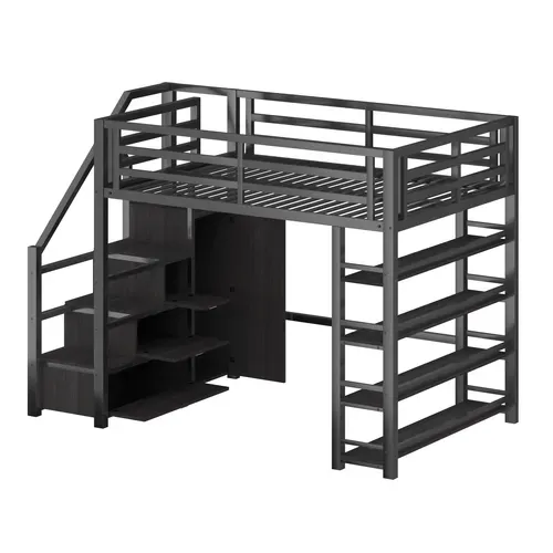 Lit Mezzanine 140x200 Double Avec Escalier De Rangement, Armoire Et LED, Noir