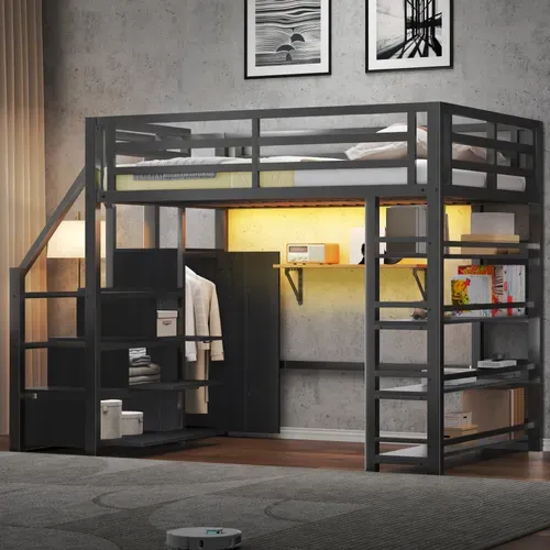 Lit Mezzanine 140x200 Double Avec Escalier De Rangement, Armoire Et LED, Noir