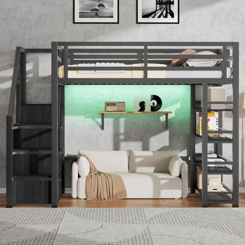 Lit Mezzanine 140x200 Double Avec Escalier De Rangement, Armoire Et LED, Noir