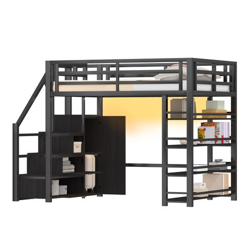 Lit Mezzanine 140x200 Double Avec Escalier De Rangement, Armoire Et LED, Noir