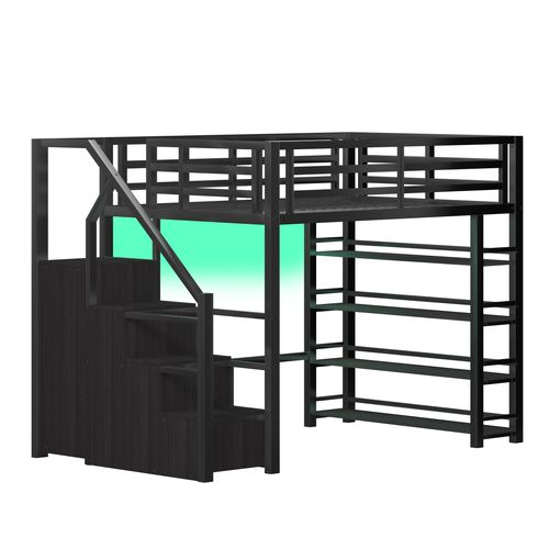 Lit Mezzanine 140x200 Double Avec Escalier De Rangement, Armoire Et LED, Noir