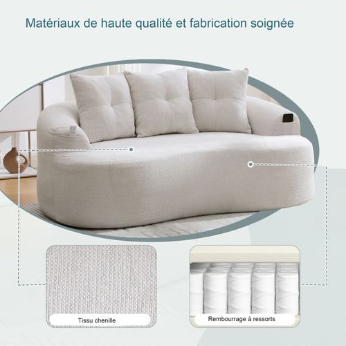 Canapé Compressé 2 Places En Chenille Avec Coussins Épais Et 3 Coussins Décoratifs-beige
