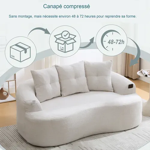 Canapé Compressé 2 Places En Chenille Avec Coussins Épais Et 3 Coussins Décoratifs-beige