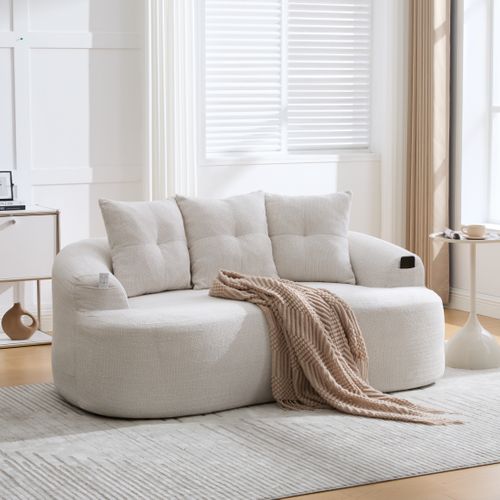 Canapé Compressé 2 Places En Chenille Avec Coussins Épais Et 3 Coussins Décoratifs-beige