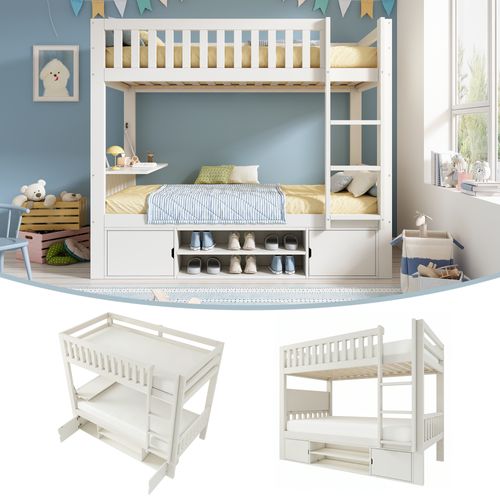 Lit Superposé Enfant 90 X 200 Cm Et 90 X 200 Cm,lit Double Avec Table Rabattable Et Rangements,blanc