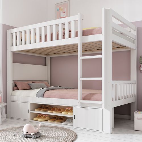 Lit Superposé Enfant 90 X 200 Cm Et 90 X 200 Cm,lit Double Avec Table Rabattable Et Rangements,blanc