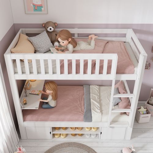 Lit Superposé Enfant 90 X 200 Cm Et 90 X 200 Cm,lit Double Avec Table Rabattable Et Rangements,blanc