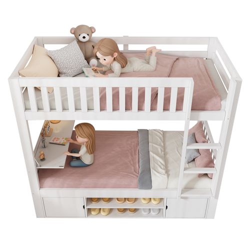Lit Superposé Enfant 90 X 200 Cm Et 90 X 200 Cm,lit Double Avec Table Rabattable Et Rangements,blanc