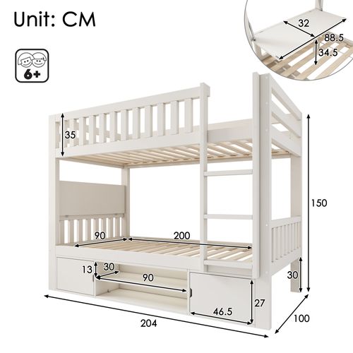 Lit Superposé Enfant 90 X 200 Cm Et 90 X 200 Cm,lit Double Avec Table Rabattable Et Rangements,blanc