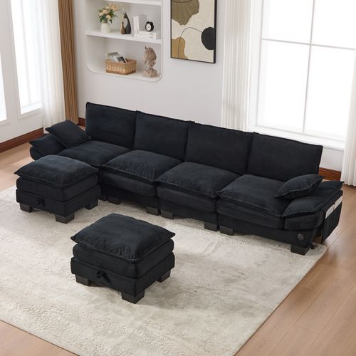 Canapé Modulaire 4 Places Avec USB-c, 2 Poufs, Poches Latérales, Velours Côtelé,moderne,noir