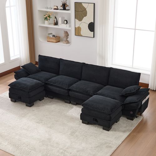 Canapé Modulaire 4 Places Avec USB-c, 2 Poufs, Poches Latérales, Velours Côtelé,moderne,noir