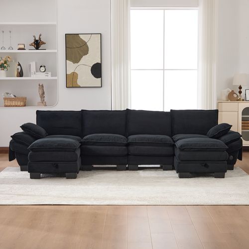 Canapé Modulaire 4 Places Avec USB-c, 2 Poufs, Poches Latérales, Velours Côtelé,moderne,noir
